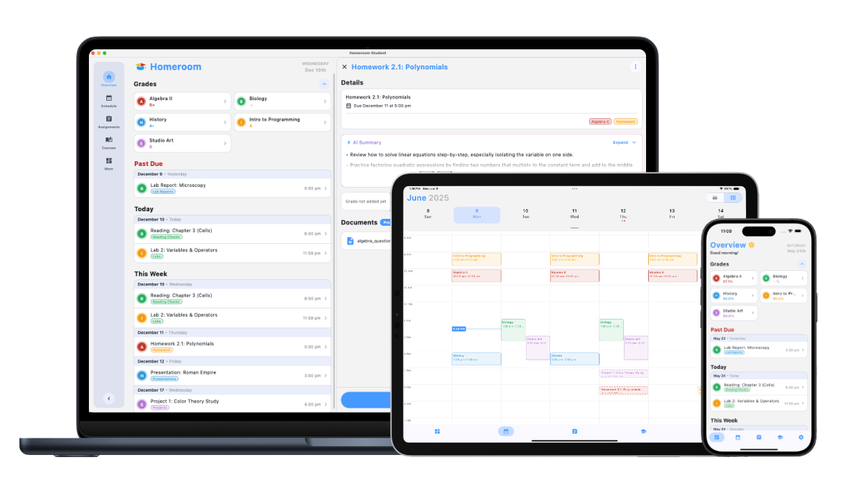 Homeroom app screenshot showing laptop, tablet, and phone views